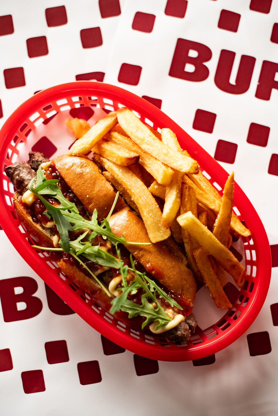 BURI loaded chips with chilli chutney, garlic mayo and rocket