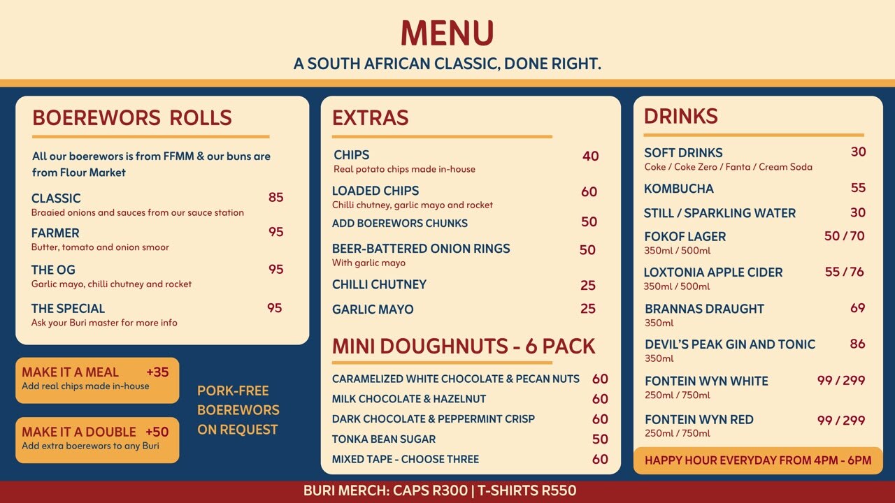 BURI menu — boerewors rolls, extras, mini doughnuts and drinks with prices